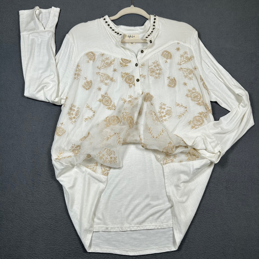 Style & Co Blouse Womens L White Gold Floral Embroidered Henley Bell Sleeve Top - Picture 4 of 7